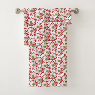 Christmas Red and Green Daisy Floral Pattern Bath Towel Set