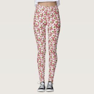 Christmas Red and Green Daisy Floral Pattern Leggings