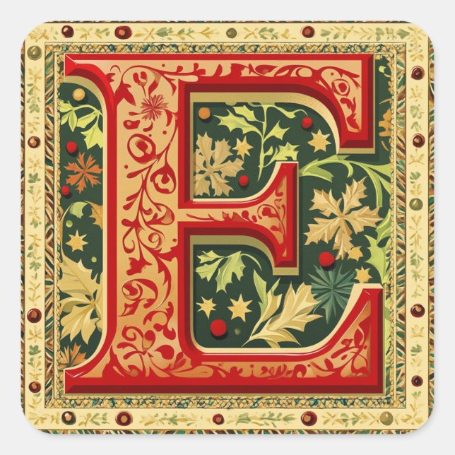 Christmas Red and Green 'E' with Gold Square Sticker (Front)