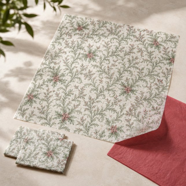Christmas Red and Green Foliage Pattern  Tissue Paper (Elegant Christmas tissue paper with red berries and classic green holiday foliage.)
