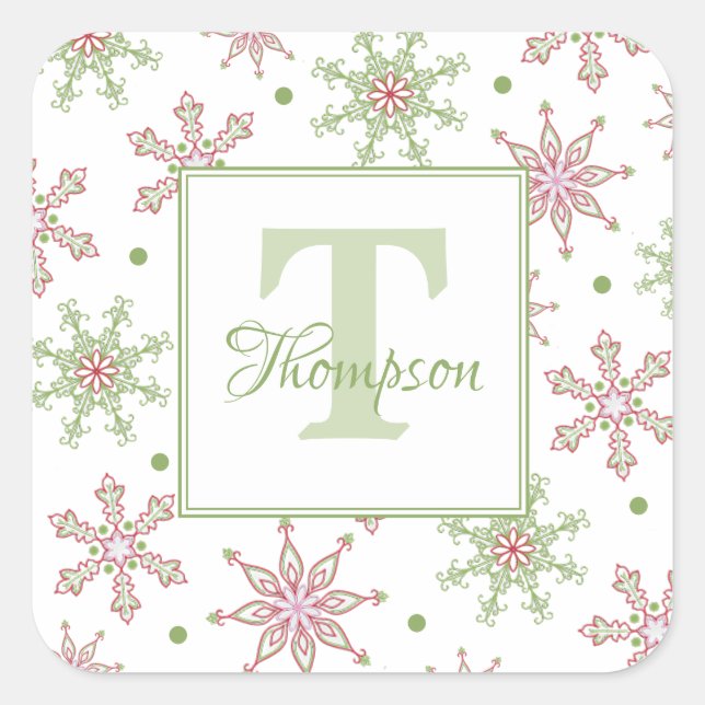 Christmas Red and Green Holiday Snowflake Monogram Square Sticker (Front)