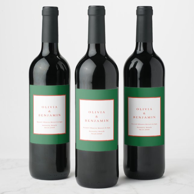 Christmas Red and Green Minimal Chic Wedding Wine Label (Bottles)