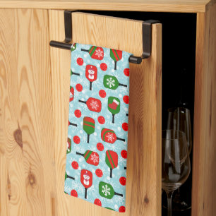 Christmas Red and Green Pickleballs and Paddles Tea Towel