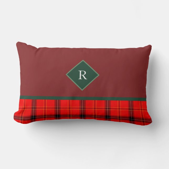 Christmas Red and Green Plaid Tartan Monogrammed Lumbar Cushion (Front)