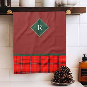 Christmas Red and Green Plaid Tartan Monogrammed Tea Towel