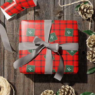 Christmas Red and Green Plaid Tartan Monogrammed Wrapping Paper