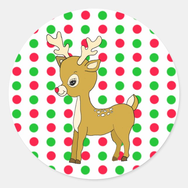 Christmas Red and Green Polka Dots Reindeer Classic Round Sticker (Front)