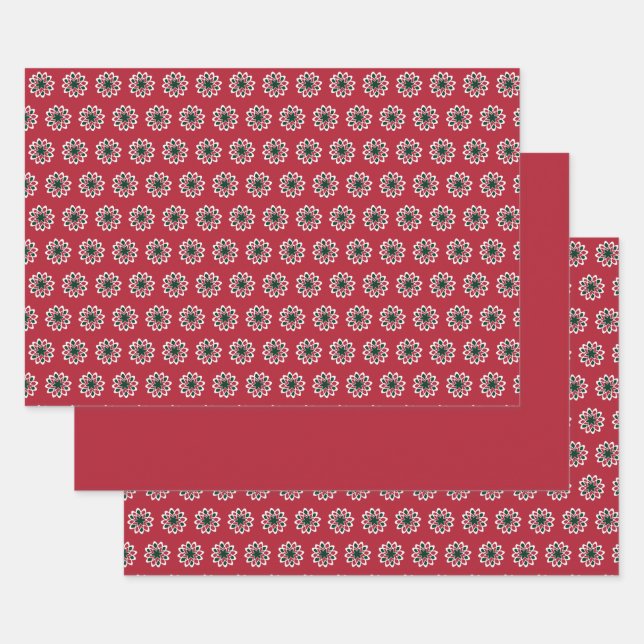 Christmas Red and Green Snowflake Pattern Wrapping Paper Sheet (Set)