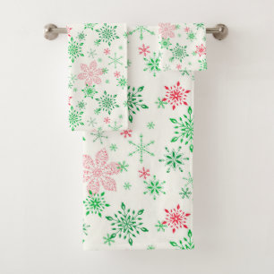 Christmas Red and Green Snowflakes Bath Towel Set