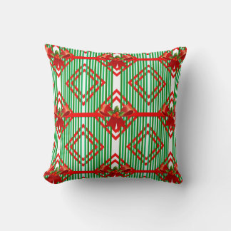 Christmas Red and Green Striped Bow Pillow