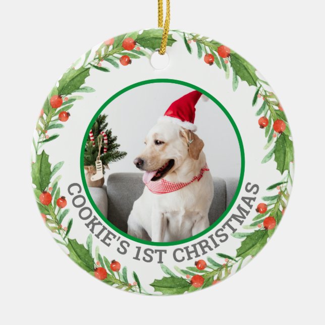 Christmas Red and Green Wreath Pet Photo Ceramic Ornament (Front)