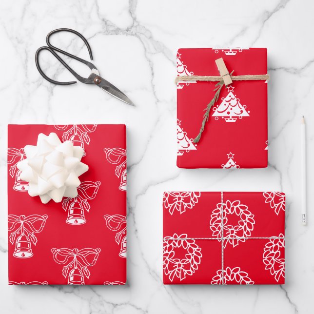 Christmas red and white cute assorted patterns wrapping paper sheet (Front)