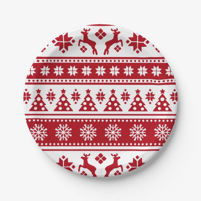 Christmas Red and White Deer and Trees Pattern Paper Plate (Front)