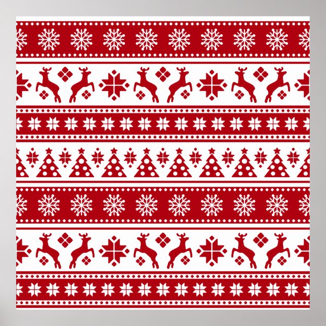 Christmas Red and White Deer and Trees Pattern Poster (Front)