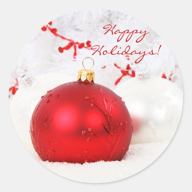 Christmas Red And White Happy Holidays Classic Round Sticker (Front)
