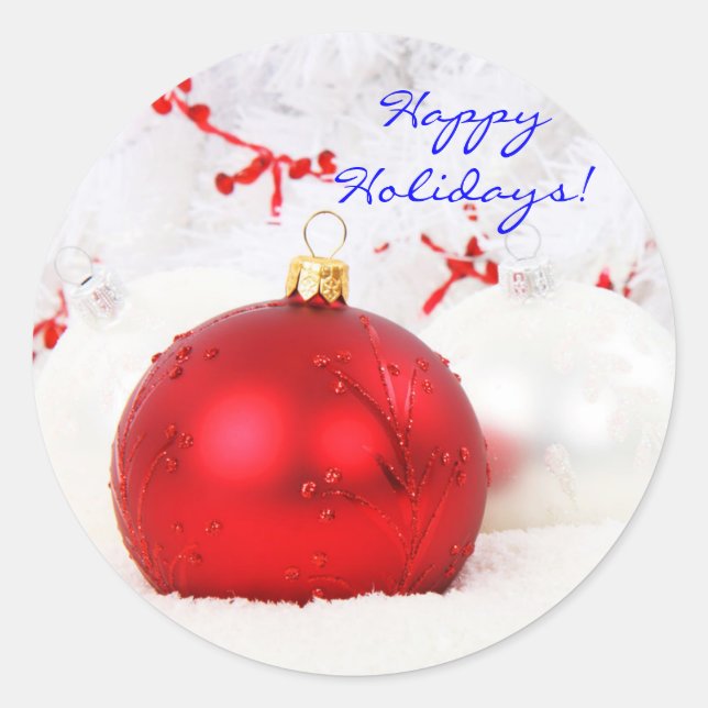 Christmas Red And White Happy Holidays II Classic Round Sticker (Front)