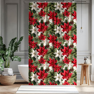 Christmas red and white poinsettia flowers Holiday Shower Curtain