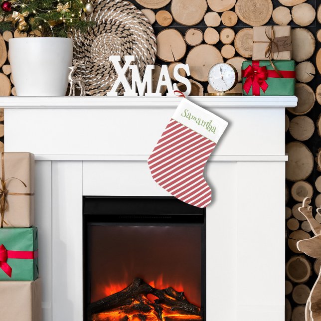 Christmas Red and White Stripe Custom Small Christmas Stocking (Simple whimsical Christmas holiday red and white stripes with green lettering.)