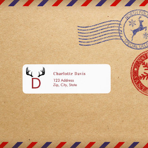 Christmas red antlers monogram return address  label
