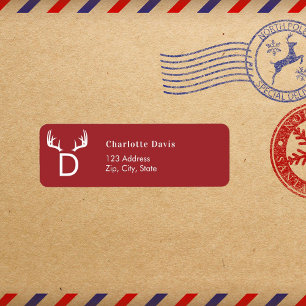 Christmas red antlers monogram return address  label