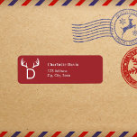 Christmas red antlers monogram return address  return address label<br><div class="desc">Red background.   Personalise and add your name and address and your family initial,  monogram. White letters. Decorated with antlers.</div>