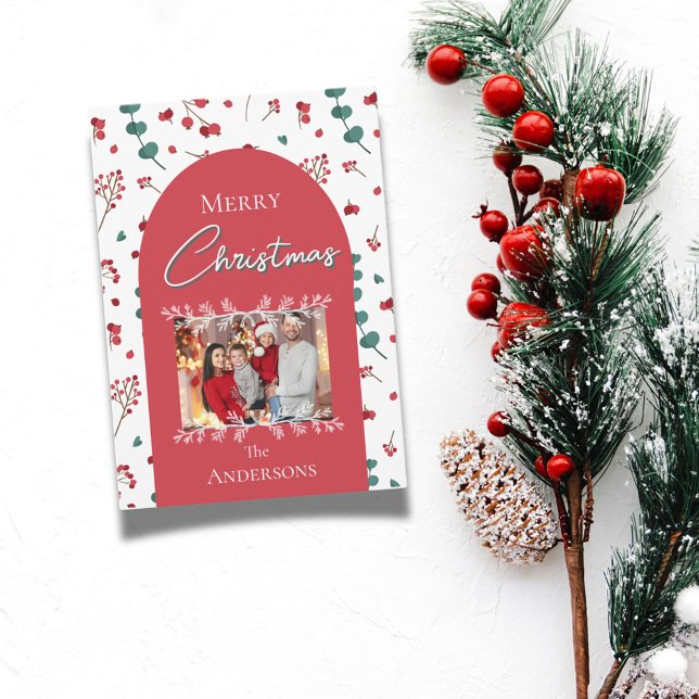 Christmas Red Arch Botanical Foliage Family Photo Holiday Card (Creator Uploaded)