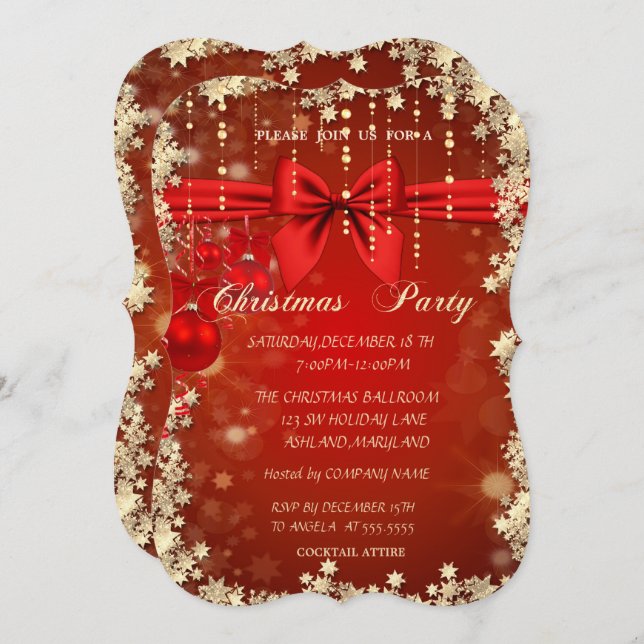 Christmas Red  Balls,Bow , Gold Corporated Party Invitation (Front/Back)