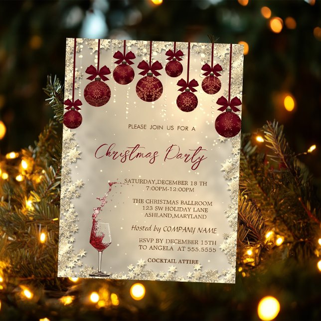 Christmas Red Balls Bow,Wine Glass Company Party Invitation (Creator Uploaded)