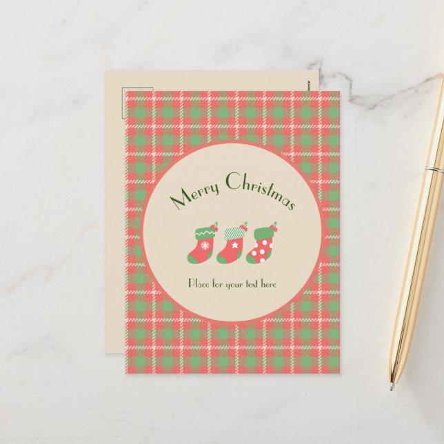 Christmas red-based Plaid Holiday Postcard (Front/Back In Situ)