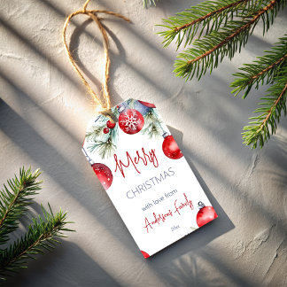 Christmas red baubles snowy pines  gift tags