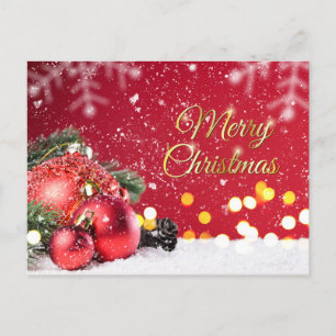 Christmas red baubles, spruce, cone holiday postcard