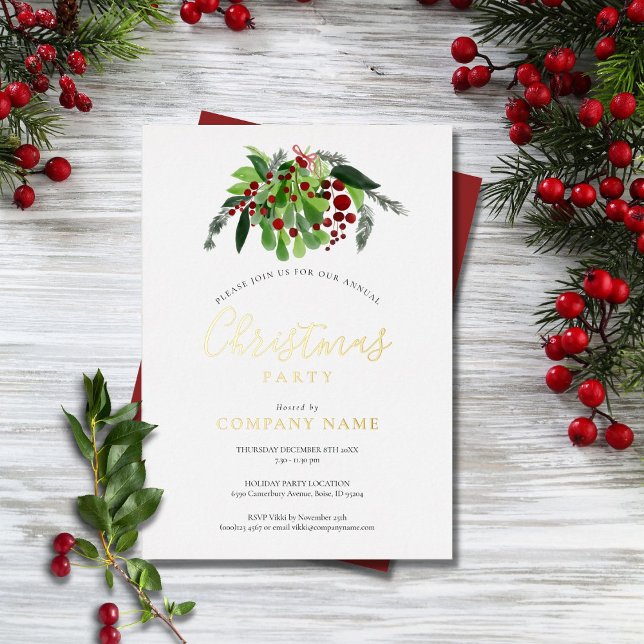 Christmas Red Berries Business Party Gold Foil Holiday Card (Creator Uploaded)