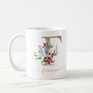 Christmas Red Berries Greenery Gold Monogram F Coffee Mug