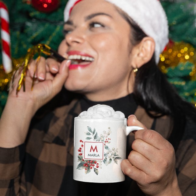 Christmas Red Berries Greenery Monogram Coffee Mug (Creator Uploaded)