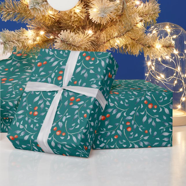 Christmas red berries pattern modern elegant teal wrapping paper (Holidays)