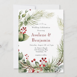 Christmas Red Berries Pine Wreath Wedding  Invitation