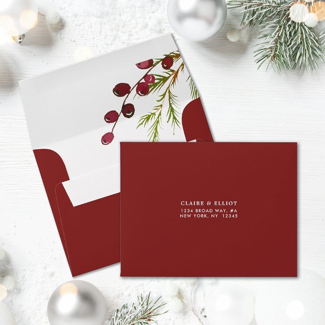Christmas Red Berries Pre-Printed Address RSVP Envelope (Front & Inside)