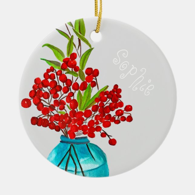 Christmas red berries  watercolor art ceramic ornament (Front)