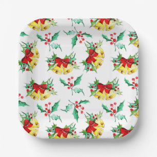 Christmas Red Berry Golden Bell Paper Plate