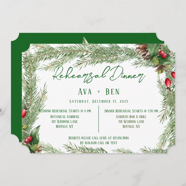 Christmas Red Berry PineCone Rehearsal Dinner Invitation (Front/Back)