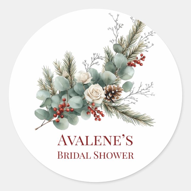 Christmas Red Berry White Rose Bridal Shower Classic Round Sticker (Front)