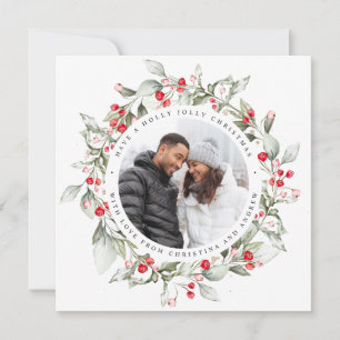 Christmas Red Berry Wreath Floral Photo Square Holiday Card
