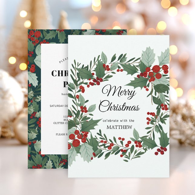 Christmas Red Berry Wreath Invitation (Creator Uploaded)