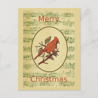 Christmas Red Bird Cardinal Green Music Holiday Postcard
