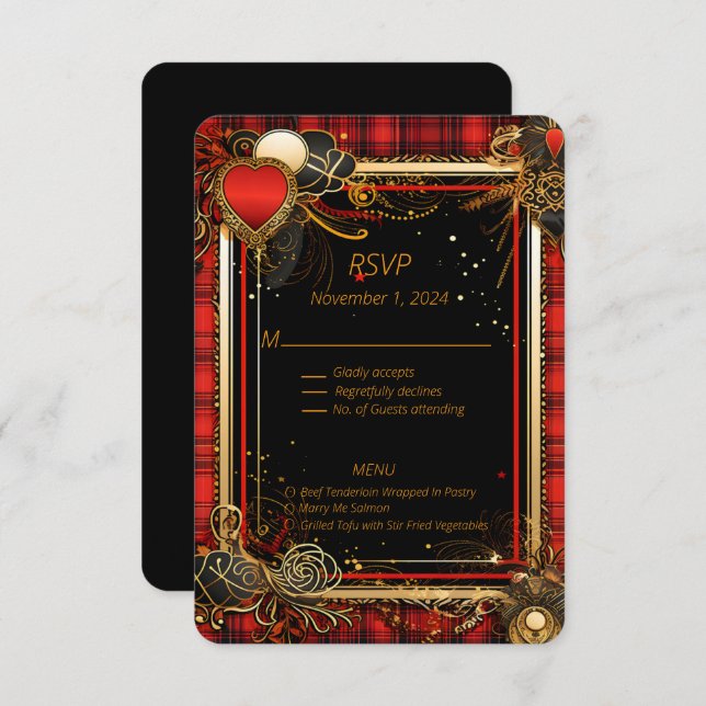 Christmas Red Black and Gold Wedding  RSVP Card (Front/Back)