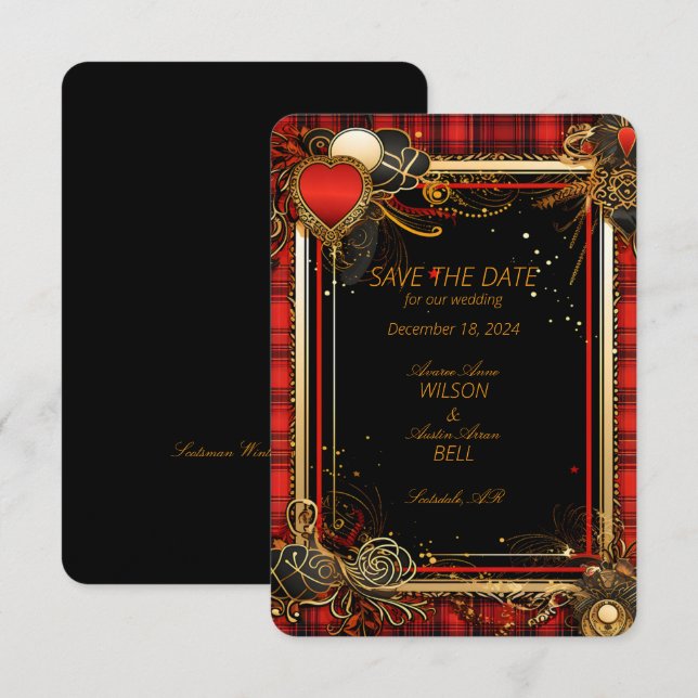 Christmas Red Black and Gold Wedding  Save The Date (Front/Back)