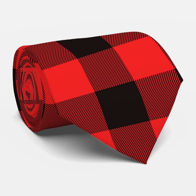 Christmas  Red Black Buffalo Checks Plaid Tie (Rolled)