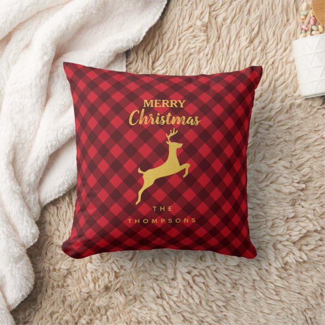 Christmas Red & Black Buffalo Plaid Deer Cushion (Blanket)