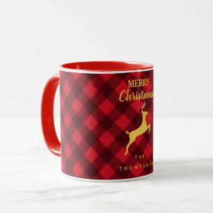 Christmas Red Black Buffalo Plaid Reindeer Family Mug