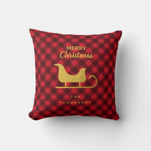 Christmas Red & Black Buffalo Plaid Santa Sleigh Cushion